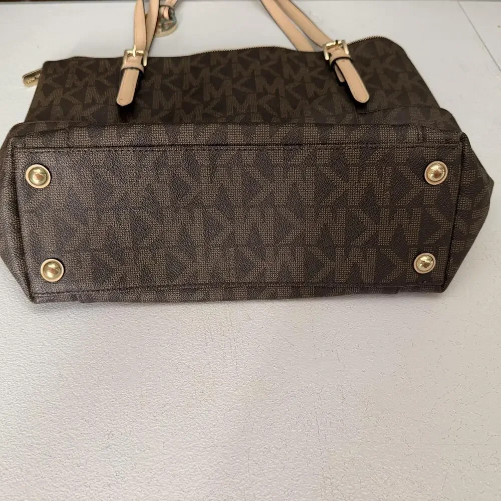 Michael Kors Tote Bag Womens Large Brown Logo PVC Leather Zip Shoulder Handbag